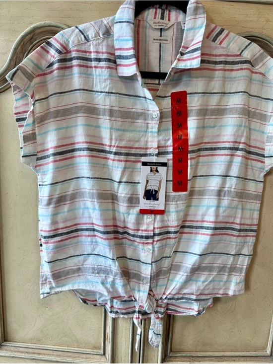 Weatherproof Tops - Weatherproof Women's White Striped Button-Front Tie Hem Shirt - Pink, Blue, Gray